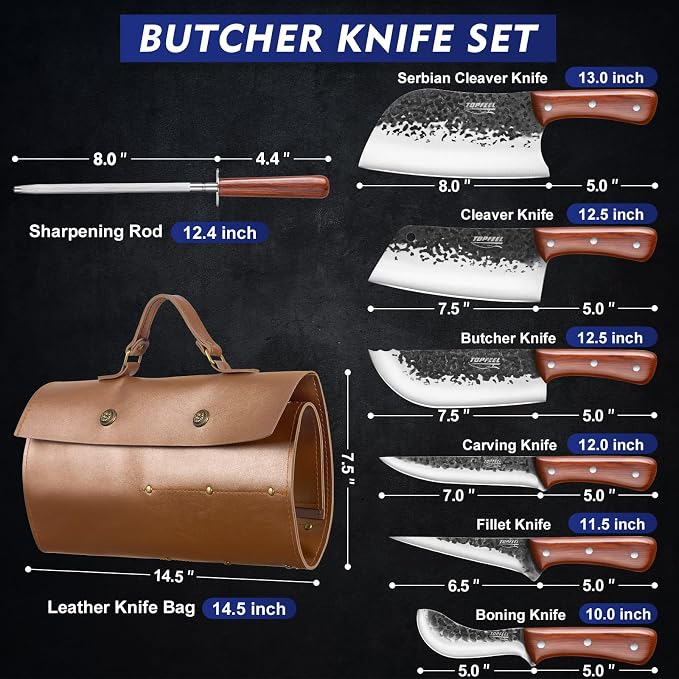 Topfeel 8PCS High Carbon Steel Butcher Knife Set with Leather Roll Bag | Six hand-forged knives: two cleavers, butcher, carving, boning and fillet knives; sharpening rod, full-tang rosewood handles