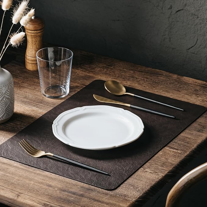 Placemats Set of 8, DOLOPL Reversible Dual-Color Faux Leather Place Mats 17"x11.8"– Waterproof, Heat Resistant, Washable & Wipeable, Luxury Retro Style for Kitchen, Dining Table (Dark Brown & Black