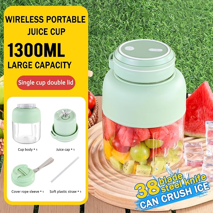 Portable Juice Cup Blender for Smoothies Shakes Fruit Crush Baby Food Maker 43oz 1300ML USB Charging Cordless Food Grade Blades Electric Smoothie Blender for Small Ice Kitchen Outdoor