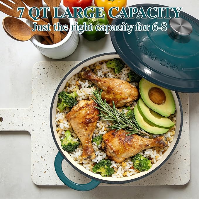 Umite Chef 7QT Enameled Cast Iron Dutch Oven with Lid & Cotton Potholders–Heavy-Duty Cookware for Bread Baking, Braising, Stews, Marinate, Cook(Emerald)