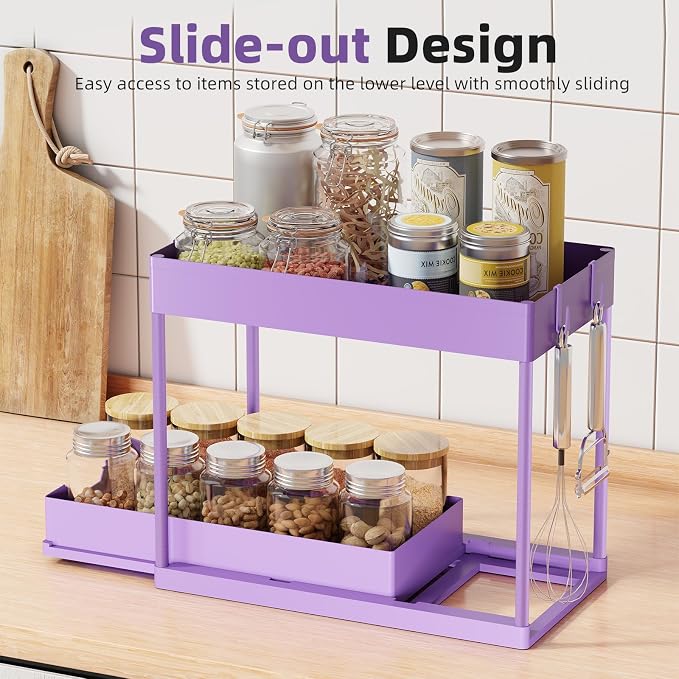 Simple Trending Under Sink Organizer 2 Pack, with Sliding Drawer, Purple | 2-Tier Multi-Use Under Shelf Organizer with Hooks, Sink Pull-Out Sliding Storage Cabinet for Kitchen Bathroom, Easy Assembly