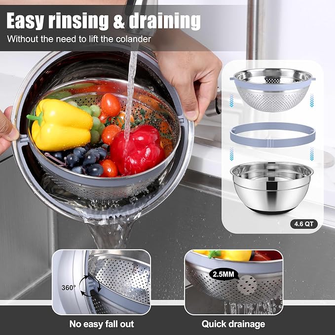 E-far Stainless Steel Mixing Bowls with Lids & Colander, 15PCS | Nesting Mixing Bowl with Non-Slip Bottom & 3 Metal Grater, For Kitchen Prep Baking Storage, 4.6, 3, 1.5, 1, 0.7QT, Black
