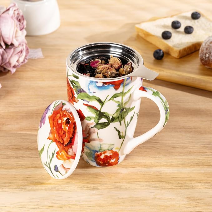 GBhome Tea Mug with Infuser and Lid,18 Ounce Ceramic Loose Leaf Cup Steeper | Lead-Free Glaze For Tea Lovers,Microwave & Dishwasher Safe with Tea Strainer
