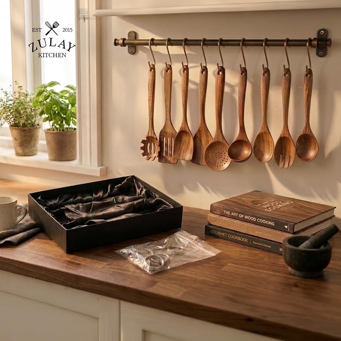 Zulay Kitchen 9-Piece Teak Wooden Utensils for Cooking - Natural Teak Utensil Set with Premium Gift Box - Non-Stick Wooden Spoons for Cooking - Kitchen Gift Set - Comfortable Grip Wooden Utensil Set