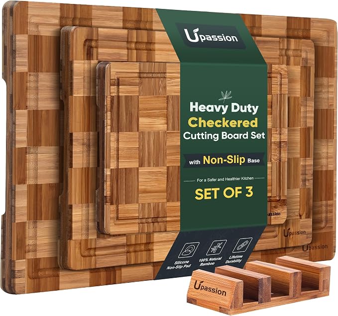 Heavy Duty Bamboo Cutting Board Set 3 Pack Non Toxic Juice Groove Charcuterie Board Book Wood Cutting Boards for Kitchen Solid End Grain Wood Chopping Board Large Butcher Block