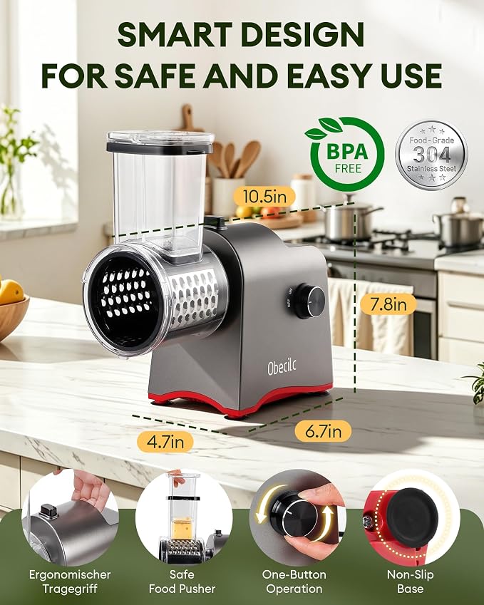 300W Electric Cheese Grater with 5 Stainless Steel Blades | Cheese shredder for Slicing, Shredding and Grinding Cheese, Vegetables, Fruits and Nuts with Easy one-touch Operation.
