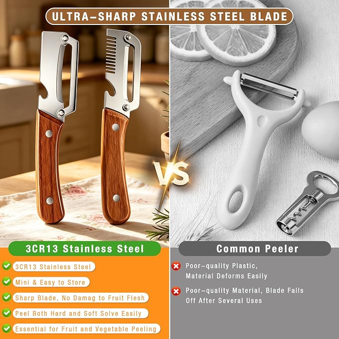 Multifunctional Vegetable Peeler 3-in-1, Julienne Peeler, Fruit Peeler Knife with Ergonomic Wood Handle, Stainless Steel Blade for Efficient Peeling, Grating & Slicing（2PCS)