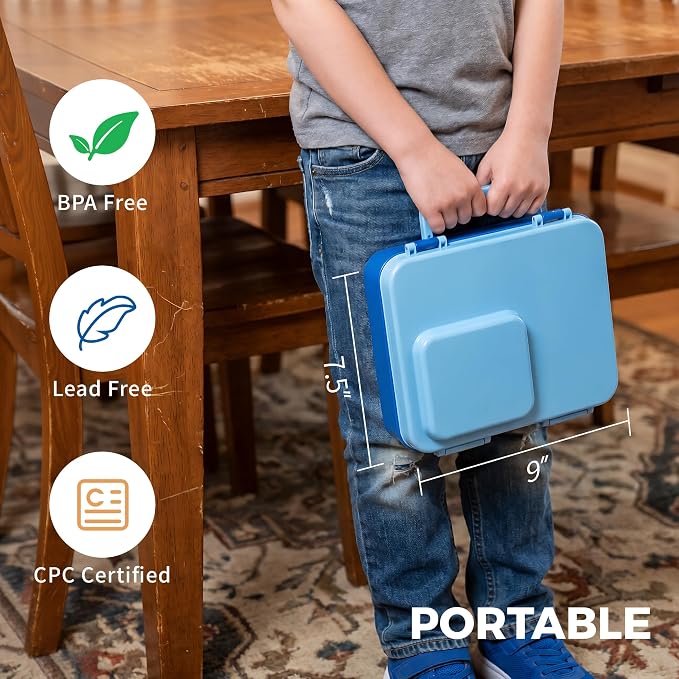 HOMEKOL Bento Lunch Box for Kids with 9oz Insulated Food Jar, Blue | 5-Compartment Leak-Proof Lunch Container for Girls Boys, BPA/BPS-Free, Dishwasher Safe