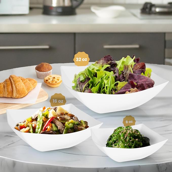R-kay 6 Pack Square Plastic Serving Bowls - White Plastic bowls 16 Oz - Premium White Bowls Disposable Heavy Duty For Weddings Catering And Birthday parties