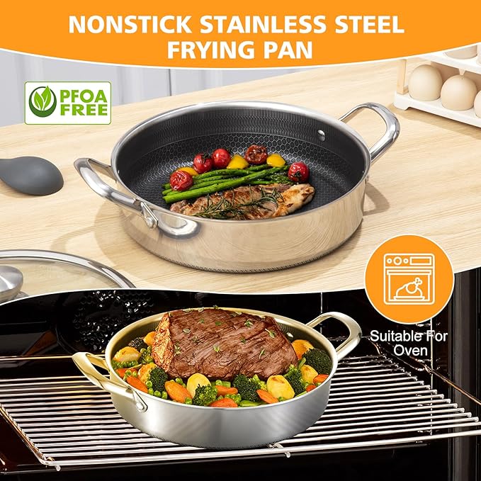 Toutrop Stainless Steel Saute Pan 12 inch Deep Frying Pan,5 Quarts Nonstick Skillet Large Sauté Pan with Lid,PFOA Free Cookware,Induction Compatible Chef Cooking Pan,Dishwasher & Oven Safe