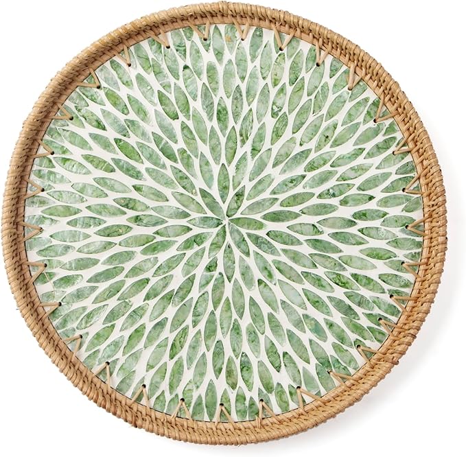 Round Rattan Tray with Mother of Pearl Inlay, Wooden Base | Coffee Table Serving Tray, Home Decorative Wicker Woven, for Outoor Patio Decor