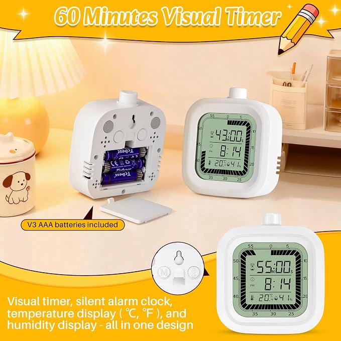 4 in 1 Visual Digital Visual Timer Battery Operation Alarm Clock with Humidity Temperature Monitor Magnetic Wall Mount Kitchen Study Timer for Classroom Office Bedroom Pink