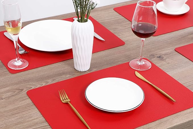 Jovono Wipeable Leather Table Mats, Waterproof Heat-Resistant, Easy to Clean, Set of 6, Red