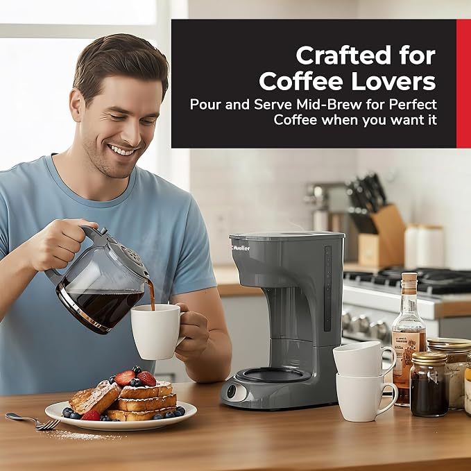 MUELLER HOME 12-Cup Drip Coffee Maker, Gray | Borosilicate Carafe, Auto-Off, Reusable Filter, Anti-Drip, Keep-Warm Function