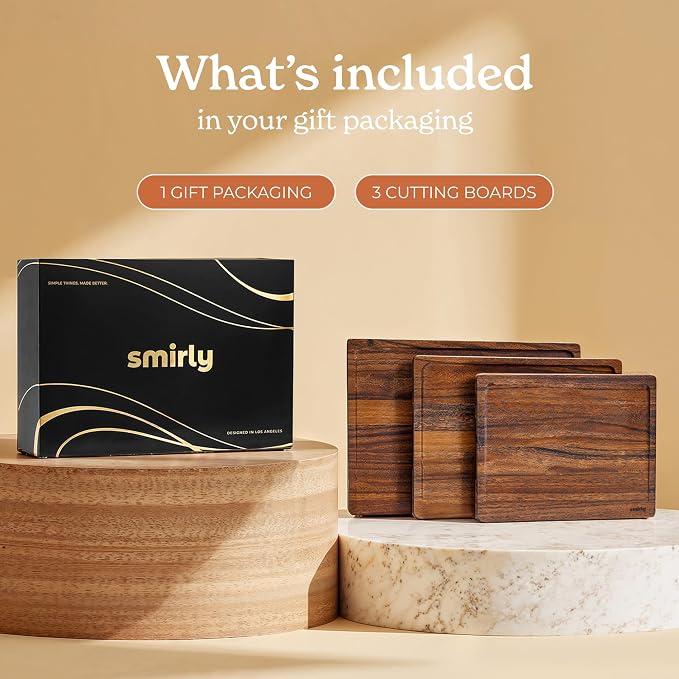 SMIRLY Walnut Cutting Board - 3 Pack Wood Cutting Boards for Kitchen | Non Toxic Walnut Wood Cutting Board with Juice Grooves and Handles, Multiple Sizes Chopping Board for Meal Prep & Charcuterie