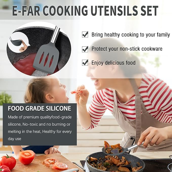 E-far Silicone Cooking Utensils Set, 30-Piece Gray Kitchen Utensils Set | Heat Resistant Nonstick Cookware, Kitchen Tools Spatulas with Stainless Steel Handle, Spatulas Turner Tong Spoon Whisk Ladle
