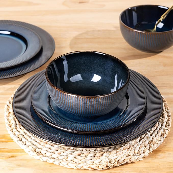 GBHOME Ceramic Dinnerware Sets of 4,12 pcs Plates and Bowls Sets Dishes | Embossed Elegant Stoneware Dishes Set | Dishwasher & Microwave Safe | Service for 4