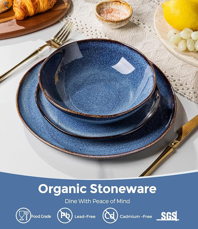GBHOME Stoneware Dinnerware Sets for 6,18 Piece Rustic Plates and Bowls Set | Earthenware Handmade Reactive Glaze Plate Sets, Chip Resistant Ceramic Dishes, Microwave & Dishwasher Safe, Sea Blue