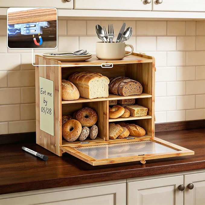 HOOMESUN Bread Box, Large Bread Storage Organizer for Kitchen Counter | Bamboo wood construction，Clear acrylic window，Farmhouse vintage style，Pantry and cabinet storage