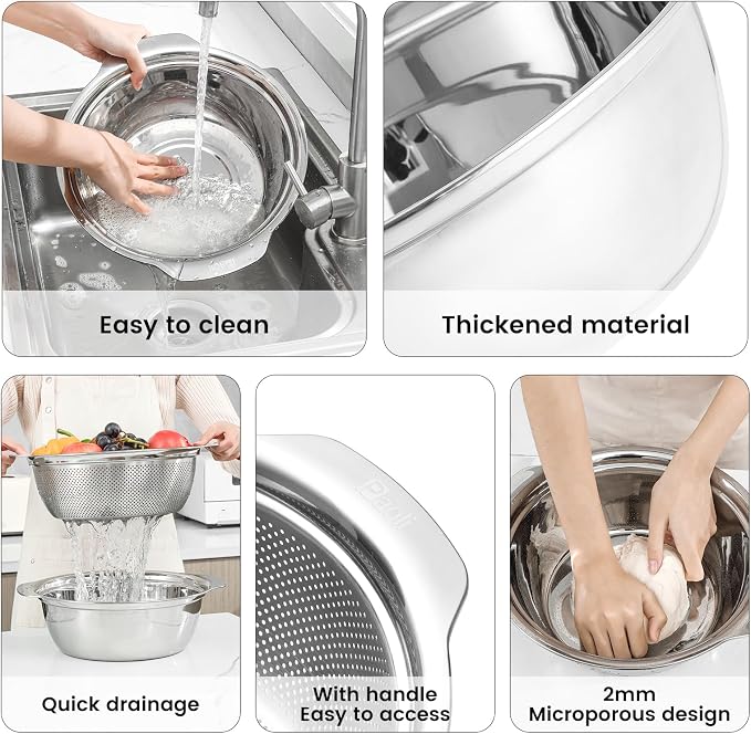 Paoli 304 Stainless Steel Fine Mesh Colander Set, 4QT Large Capacity Strainer with Mixing Bowl — Rinse Fruits, Veggies, Rice & Drain Pasta, Dishwasher Safe (2-Piece Gold)