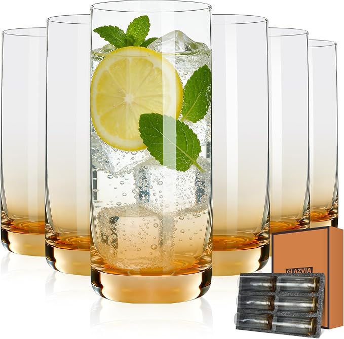 Amber Highball Glasses Set of 6, Drinking Glass for Mixed Drink | 13oz ,Cups for Cocktail, Beer, Mojito, Water and Juice,Thick Tall Glassware for Kitchen, Restaurant, Home Bar and Parties