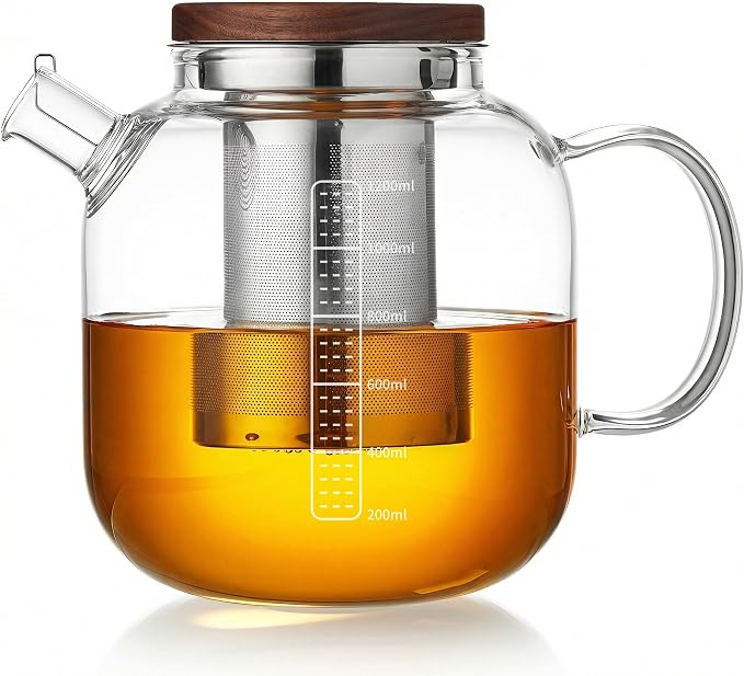Glass Teapot with Infuser and Lid - 40oz Borosilicate Glass Teapot with Heat-Resistant Handle, Stainless Steel Mesh Infuser for Loose Leaf & Blooming Tea, Stovetop & Microwave Safe