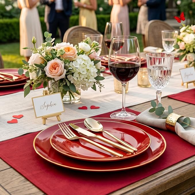 IOOOOO 150Pcs Red Plastic Plates,Red Disposable Plates with Gold Rim | Sturdy Hard Disposable Plates Set Include 30 Dinner Plates,30 Dessert Plates, 90 Plastic Silverware Set for Wedding, Events.