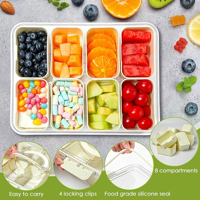 HRXFOZ Divided Serving Tray with Lid and Handle, 8 Compartment Snack Box, Portable Snack Platter for Fruits, Veggies, Nuts, Party Entertaining, Picnic (2 PCS)