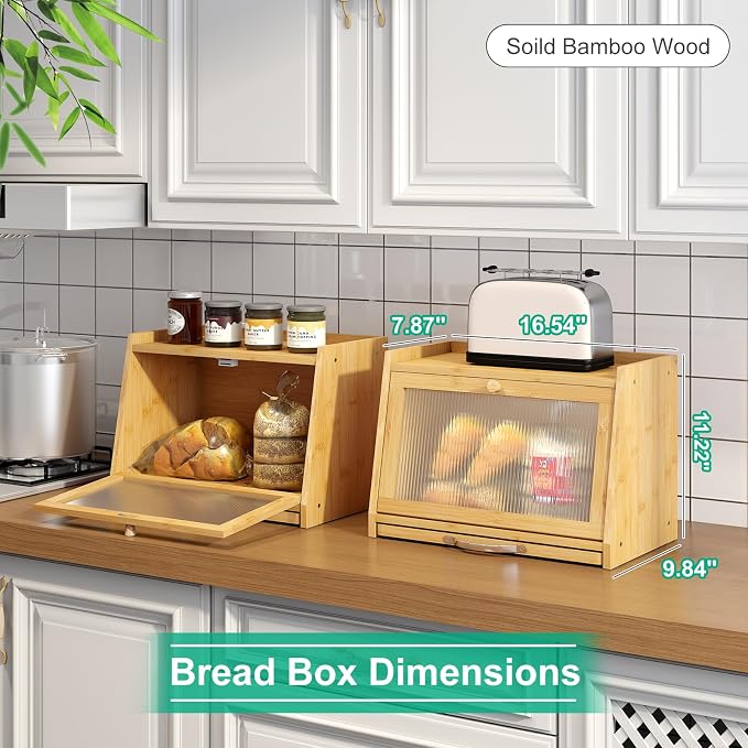 kiplant Bread Box with Cutting Board, Bamboo Bread Box for Kitchen Counter, Bread Storage Container with Wavy Arcylic Transparent Door (Natural)