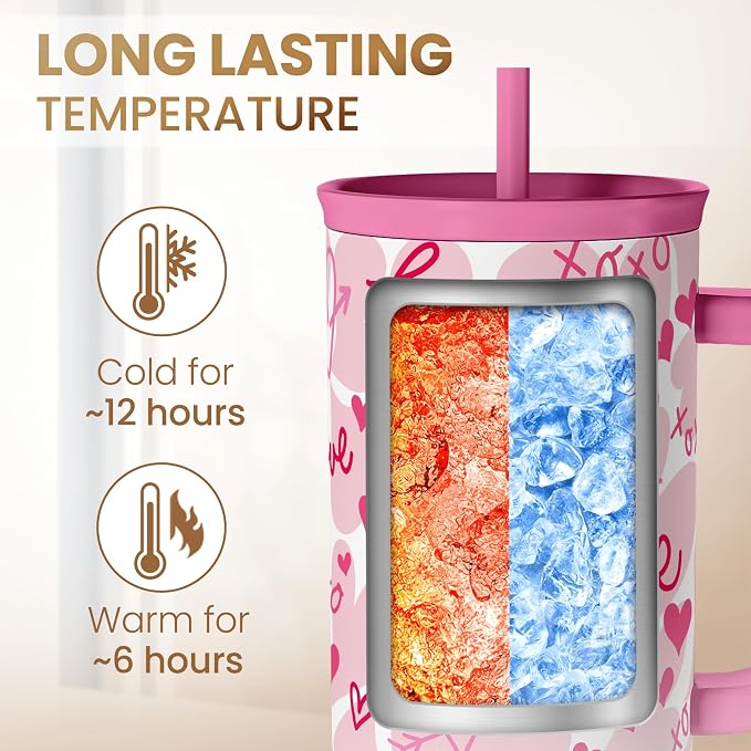 SANDJEST Heart Tumbler with Handle 40oz, Valentines Stainless Steel Insulated Tumblers Coffee Travel Cup with Straw Lid, Gifts for Women Girl