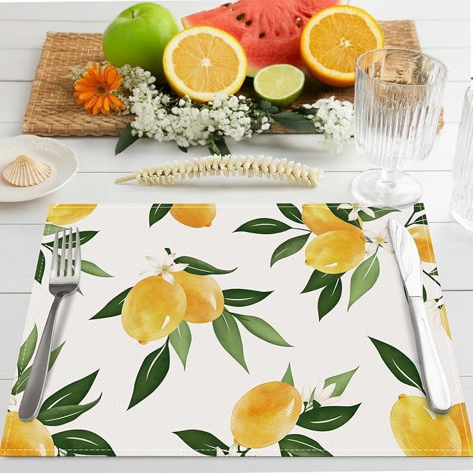Bonhause Lemon Placemats Set of 4, 12x18 Inch Summer Yellow Fruits Green Leaves Kitchen Dining Table Mats Washable Place Mats for Indoor Outdoor Home Party Decor