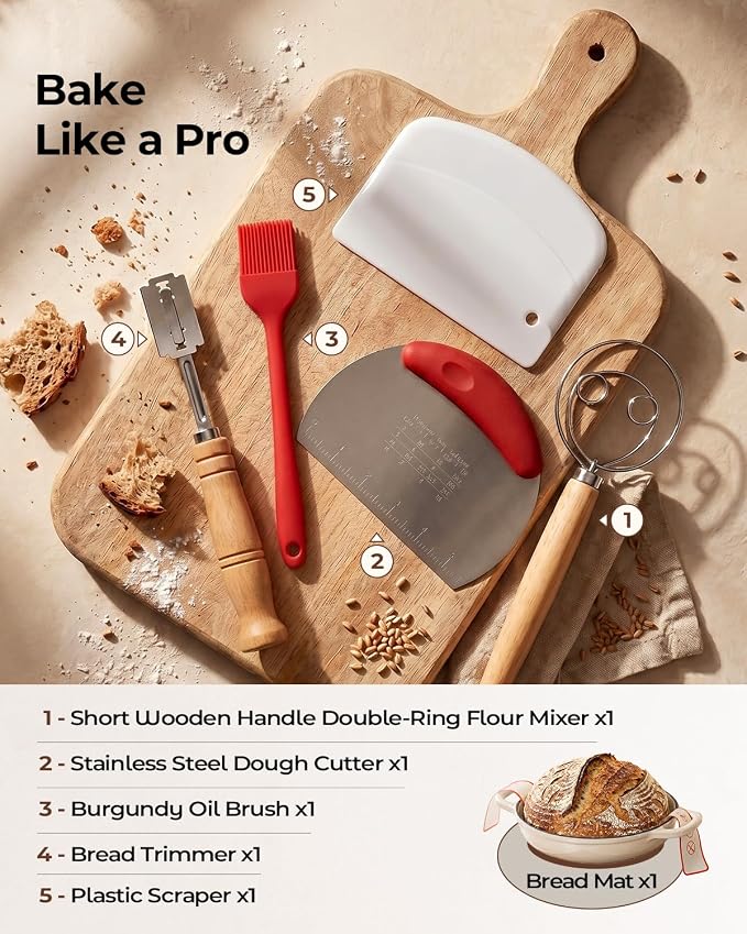 5QT Enameled Cast Iron Sourdough Bread Oven & Starter Kit, White | Tight-fitting Dome Lid Helps Retain Steam, Baking Kit Supports Proofing, Scoring & Dough Transfer, Complete Artisan Bread Set