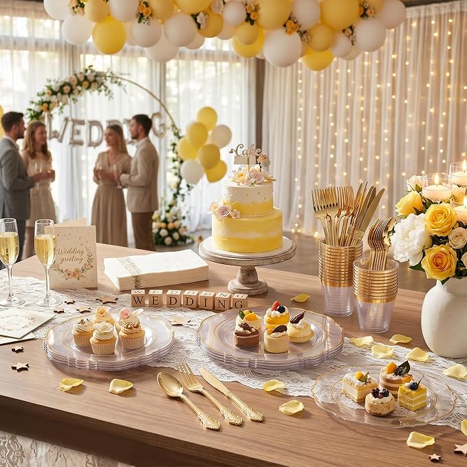 KIRE 210Pcs Clear Plastic Plates with Gold Rim for Wedding/Party | Include 60pcs Clear and Gold Plates, 30pcs Plastic Silverware, 30pcs Napkins and 30pcs Cups Serve 30 Guest