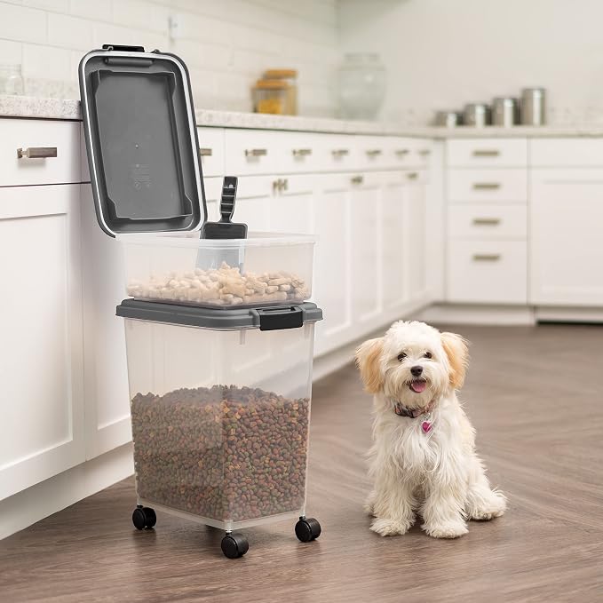 IRIS USA Dog Food Storage Container, Up to 30+11 lbs, Dark Gray | Made in the USA, Includes 2-Cup Scoop & Wheels, Airtight Seal, BPA-Free, Bird Seed, Cat food, Cat Litter, Treats, Toys