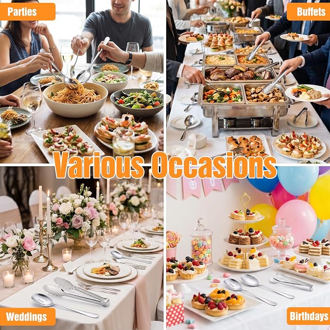 18pcs Silver Serving Utensils Set,Serving Spoons for Buffet, Serving Tongs for Food, Large Slotted Spoons, Metal Buffet Banquet Cutlery for Parties Weeding Birthday Entertaining Catering