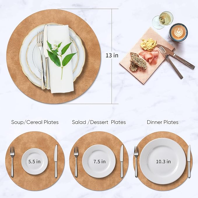 ADRIMER Placemats, Heat Resistant Round Placemats Set of 4 Washable, Waterproof Table Mats, Wipeable Faux Leather Place Mats for Kitchen, Dining Room, Camel