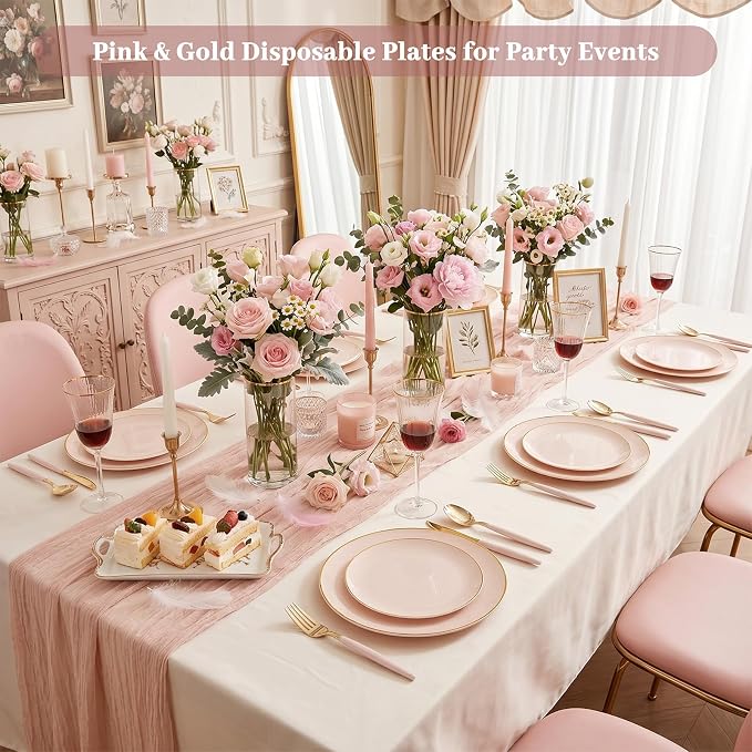 DaYammi 150Pcs Pink Plastic Plates with Gold Rim,Elegant Disposable Dinnerware with Gold Cutlery - 30 Dinner Plate,30 Dessert Plate,30 Knives,30 Forks,30 Spoons,Fancy Pink Plates for Party Wedding