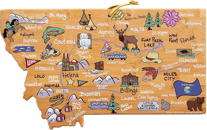 Totally Bamboo Montana State Shaped Cutting Board, Art by Fish Kiss | State charcuterie board with colorful hand-drawn map artwork. Smooth reverse side for food prep. Hang tie for wall display.