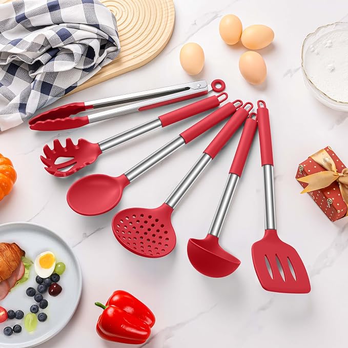 LIANYU Silicone Kitchen Utensils, 6 Pcs Cooking Utensils Spatula Set, Red | For Nonstick Cookware, 446°F Heat Resistant Kitchen Spatula Gadgets Tools, Stainless Steel Handle, Food Grade