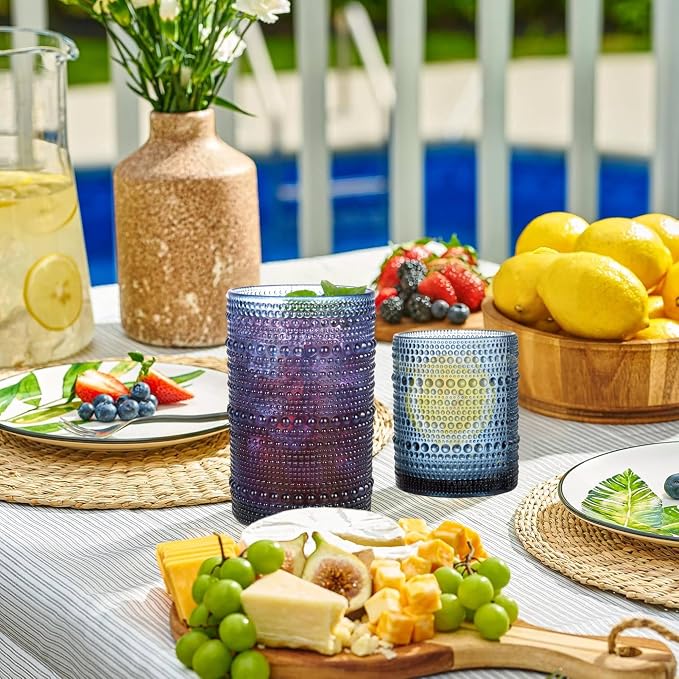 Blue Hobnail Drinking Glasses Set of 8, 15 oz Vintage Highball Glassess & 12 oz Cocktail Glasses, Drinkware Kitchen Glasses for Cocktail, Iced Coffee, Beer, Ice Tea, Wine, Whiskey, Water
