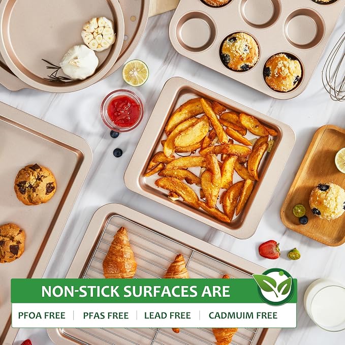 Bakeware Sets, Baking Pans Set, Nonstick Oven Pan for Kitchen with Wider Grips, 10-Piece Including Rack, Cookie Sheet, Cake Pans, Loaf Pan, Muffin Pan, Pizza Pan - Champagne Gold
