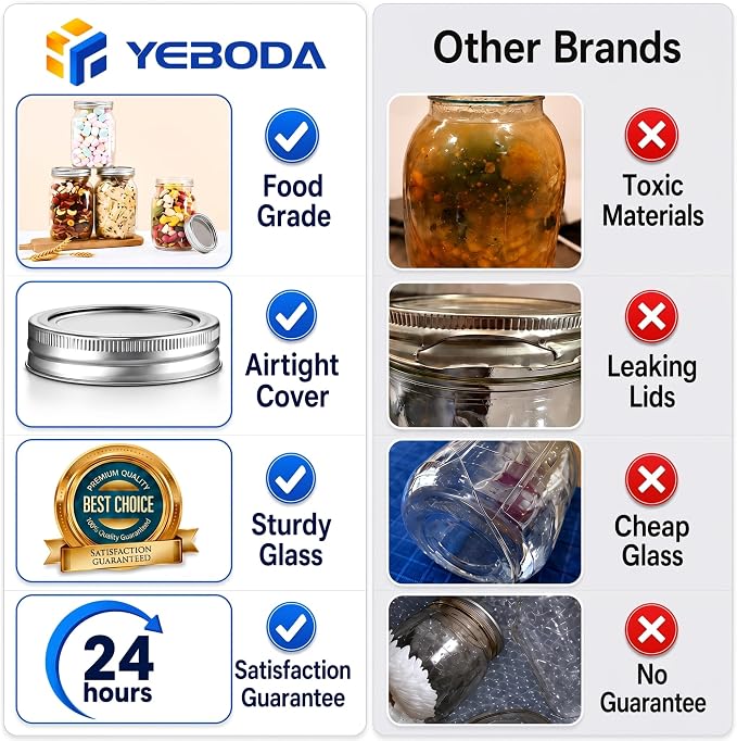 YEBODA 10 oz Wide Mouth Mason Jars with Lids, Glass Canning Jars, 9 Pack | Clear glass quart jars with two-piece lids and bands for canning, pickling, meal prep, overnight oats, and pantry storage.