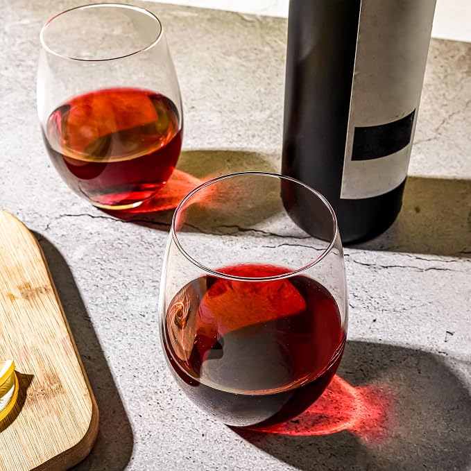 Stemless Wine Glass - Set of 12, 15 Oz Clear Cut Rim Wine Tumbler for Red, White Wine, Dishwasher Safe, Clear