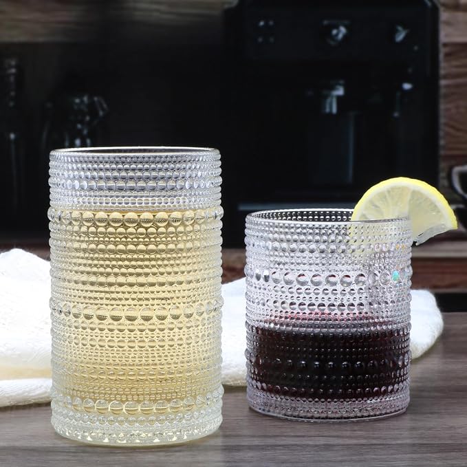 Hobnail Drinking Glasses, Tumbler Glassware, Set of 12 | 10 oz Cocktail Glasses & 12 oz Highball Glasses, Glass Cups for Whiskey, Juice, Home, Bar & Kitchen, Dishwasher Safe