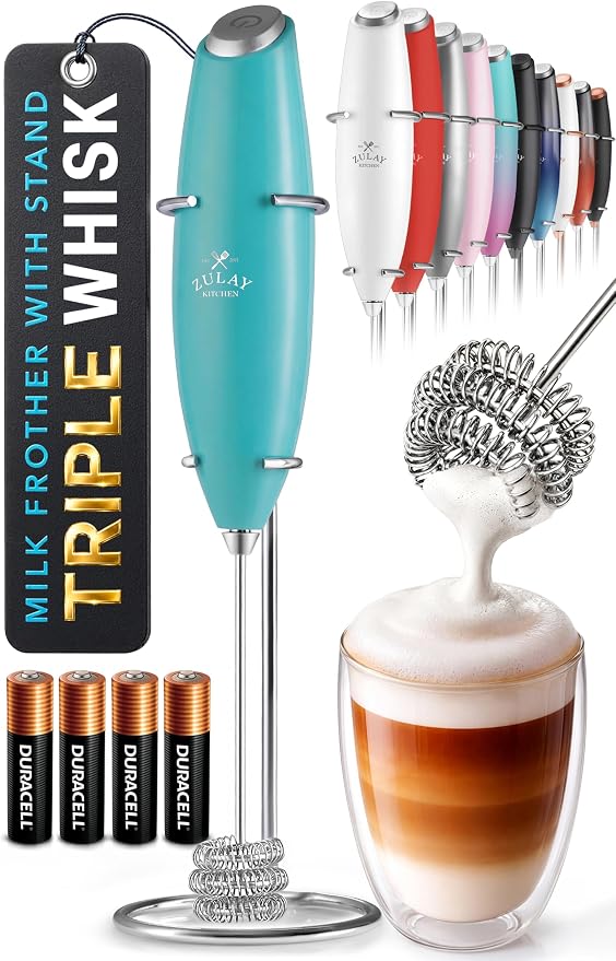 Zulay Kitchen Powerful Milk Frother Wand With Duracell Batteries - Ultra Fast Handheld Drink Mixer - Electric Whisk Foam Maker for Coffee, Lattes, Cappuccino & Matcha - Triple Whisk - Queen Turquoise