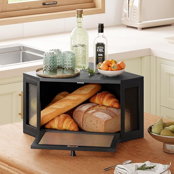 WOWLIVE Corner Bread Box, Bamboo Bread Storage with Acrylic Wavy Door | Breadbox for Kitchen Countertop, Large Farmhouse Bread Holder for Homemade Bread, Multi-functional Container, Black
