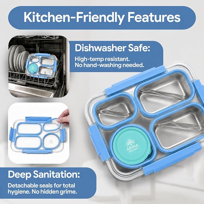 Large 11" x 8" Stainless Steel Bento Lunch Box for Adults with 4 Compartments Leakproof Lid BPA-Free 304 Stainless Steel Food Container That Keeps Food Separate, Ideal for Office and Travel use, Blue