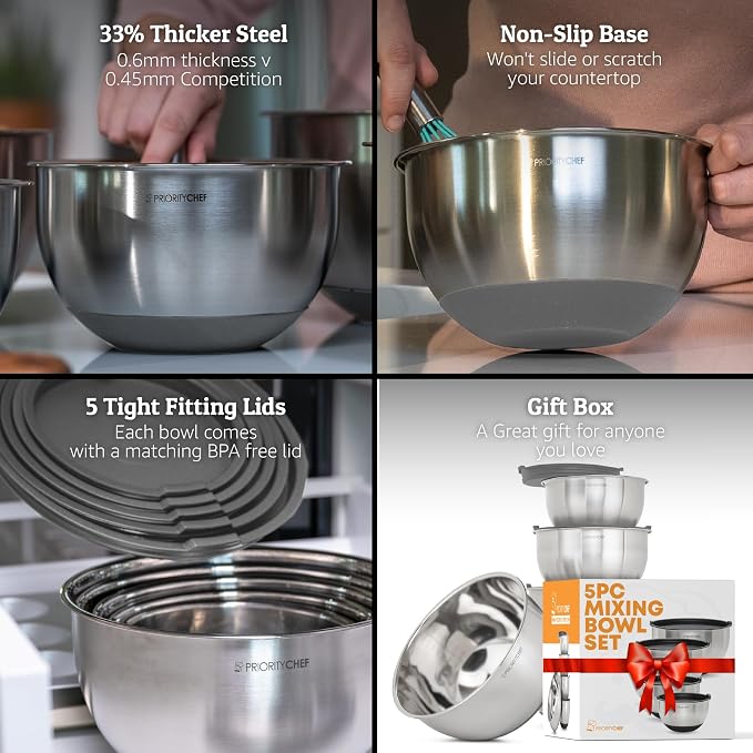 Premium Mixing Bowls With Airtight Lids Set, Thicker Stainless Steel Mixing Bowl Set, Large Prep Metal Bowls with Lids, Nesting Bowls for Kitchen, 1.5/2/3/4/5 Qrt, Grey