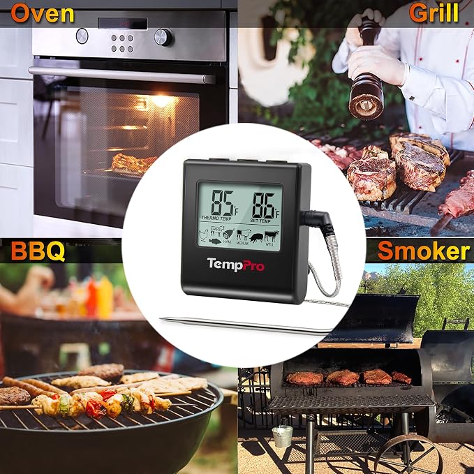 TempPro TempTrack Large LCD Digital Meat Thermometer for Cooking, Smoking | Kitchen Food Probe Thermometer With Clock Timer, Stainless Steel Temperature Probe for Oven Smoker BBQ Grill Candy, Black