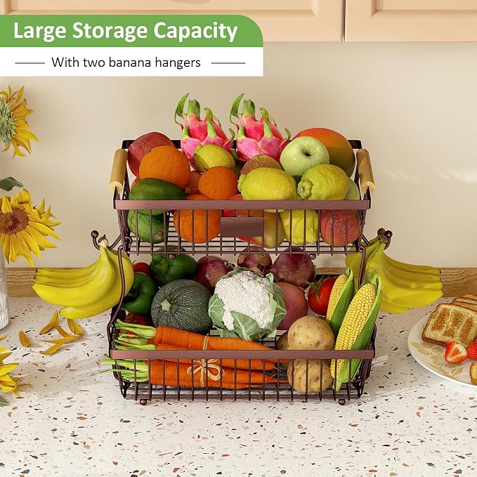 2 Tier Fruit Basket for Kitchen Counter with 2 Banana Hangers, Countertop Metal Bread Basket with Wooden Handle, Large Storage Stand for Vegetables, Snacks, Eggs, Produce Storage – Brown